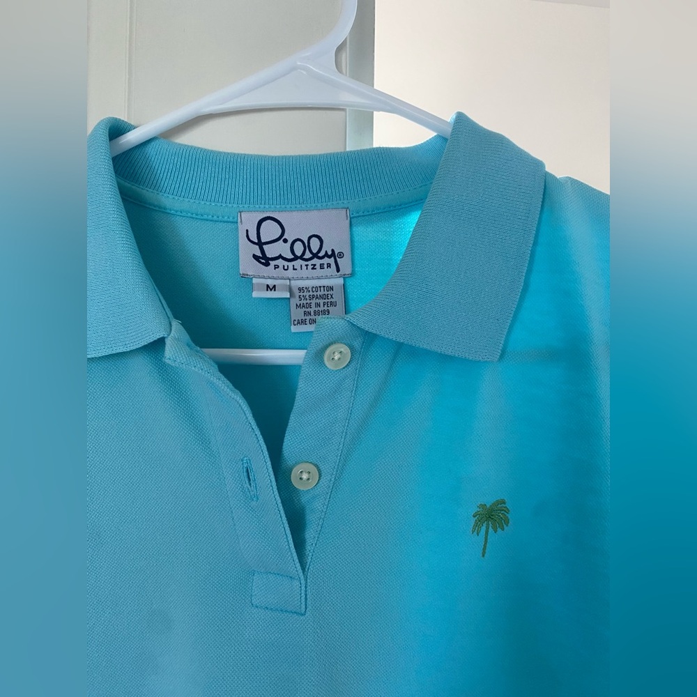 Lilly Pulitzer Vintage Cotton Aqua Blue Golf Polo Shirt with Palm Tree Logo - Picture 2 of 5